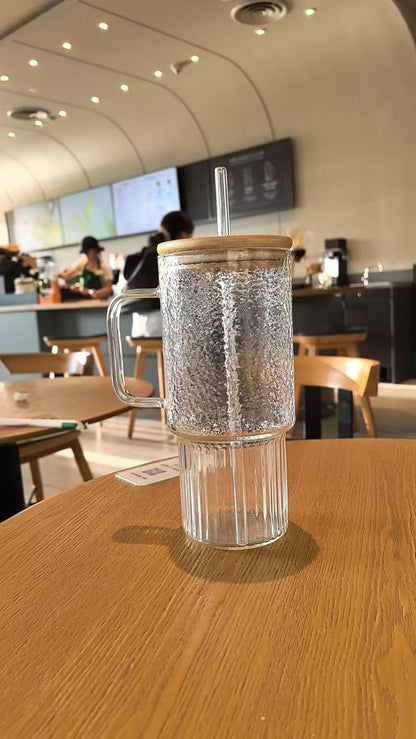 32oz Ribbed Borosilicate Glass Tumbler with Handle, Bamboo Lid and Straw, Iced Coffee Cup Modern Glass Mug for Hot/Cold Drinks, Smoothies, Tea, and Juice (Clear-1 Pack)