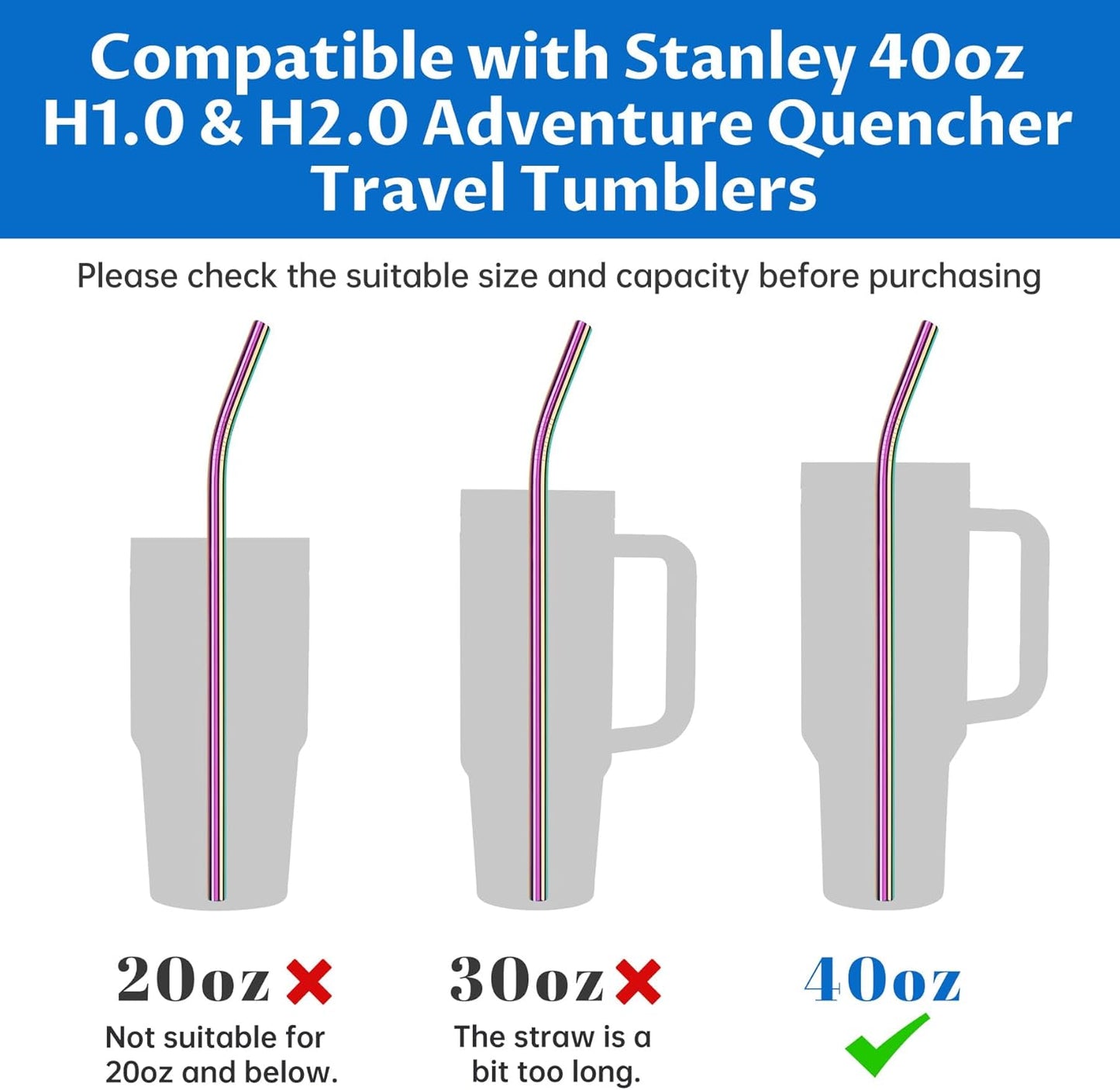 Tomorotec 8-Pack Stainless Steel Straws Fit for 40oz Stanley Tumblers, 12" Metal Straws Fit for Stanley Cup with 1 Brush, Reusable Drinking Straws for Smoothies, Milkshakes, Dishwasher Safe & BPA-Free