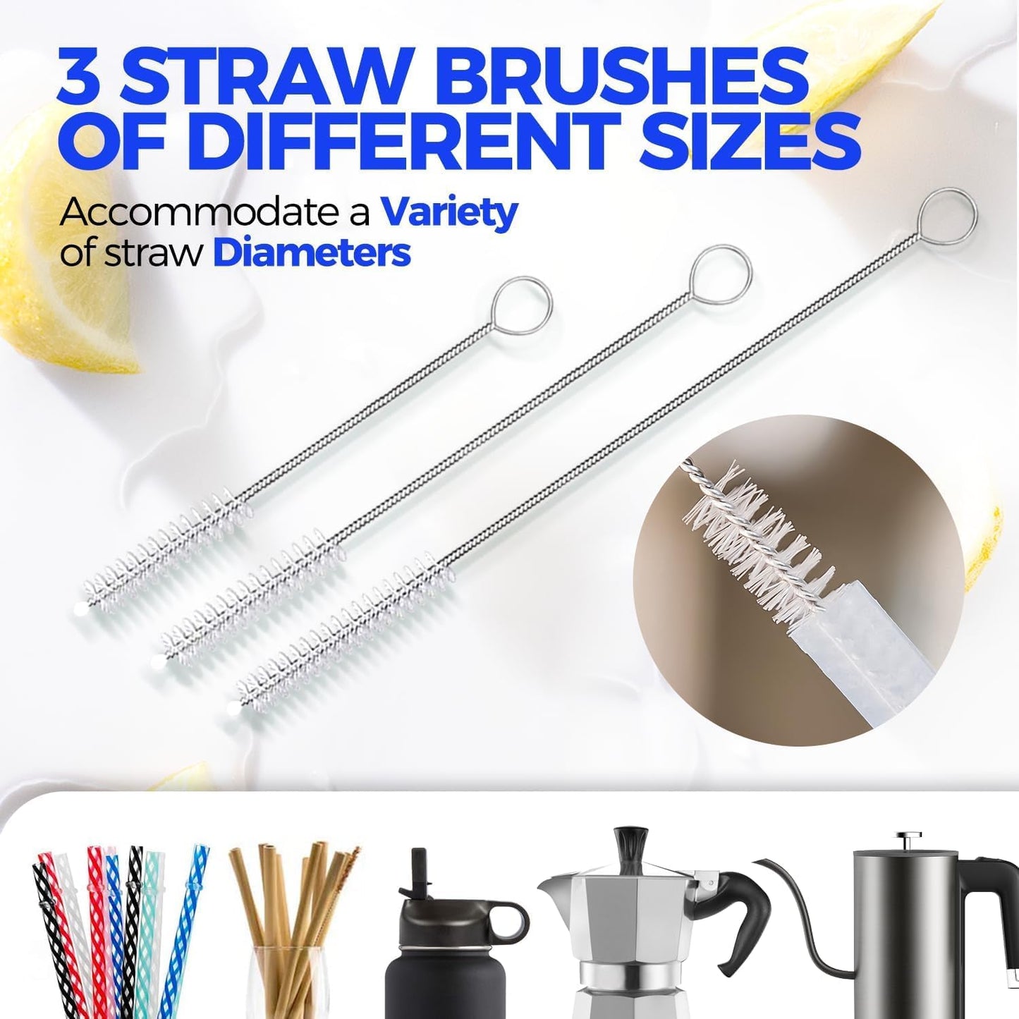 Holikme 6 Pack Bottle Brush Set, 14" Long Handle Stainless Steel Bottle Cleaner Brush, 3 Straw Brushes, 4-in-1 Bottle Cleaning Brush for Water Bottle, Antistatic Lab Brushes Straws, Black