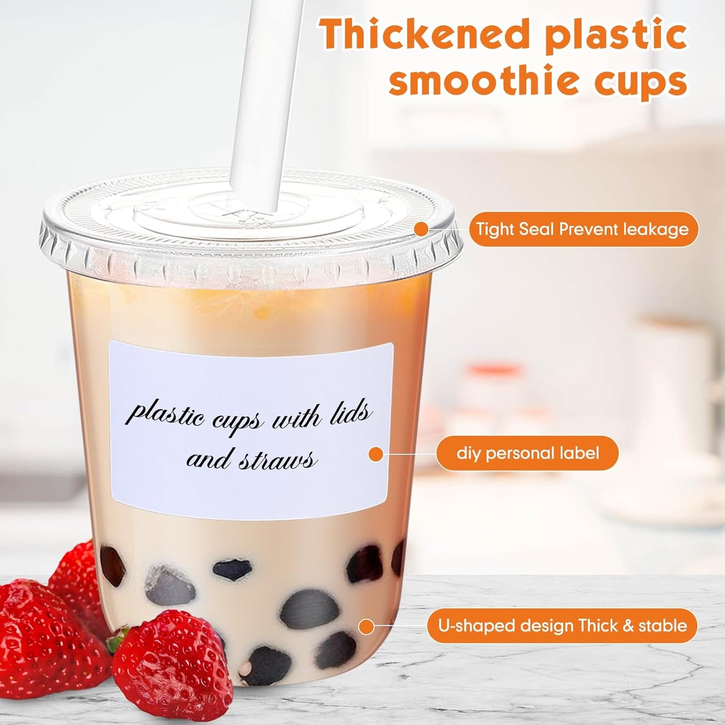 Ziliny 50 Sets Crystal Clear Plastic Cups with Lids, Straws and Stickers, Disposable Iced Coffee Cups Thickened PET for Iced Coffee, Bubble BobaTea, Smoothie, Cold Drinks, Juice, Shops (12 oz)