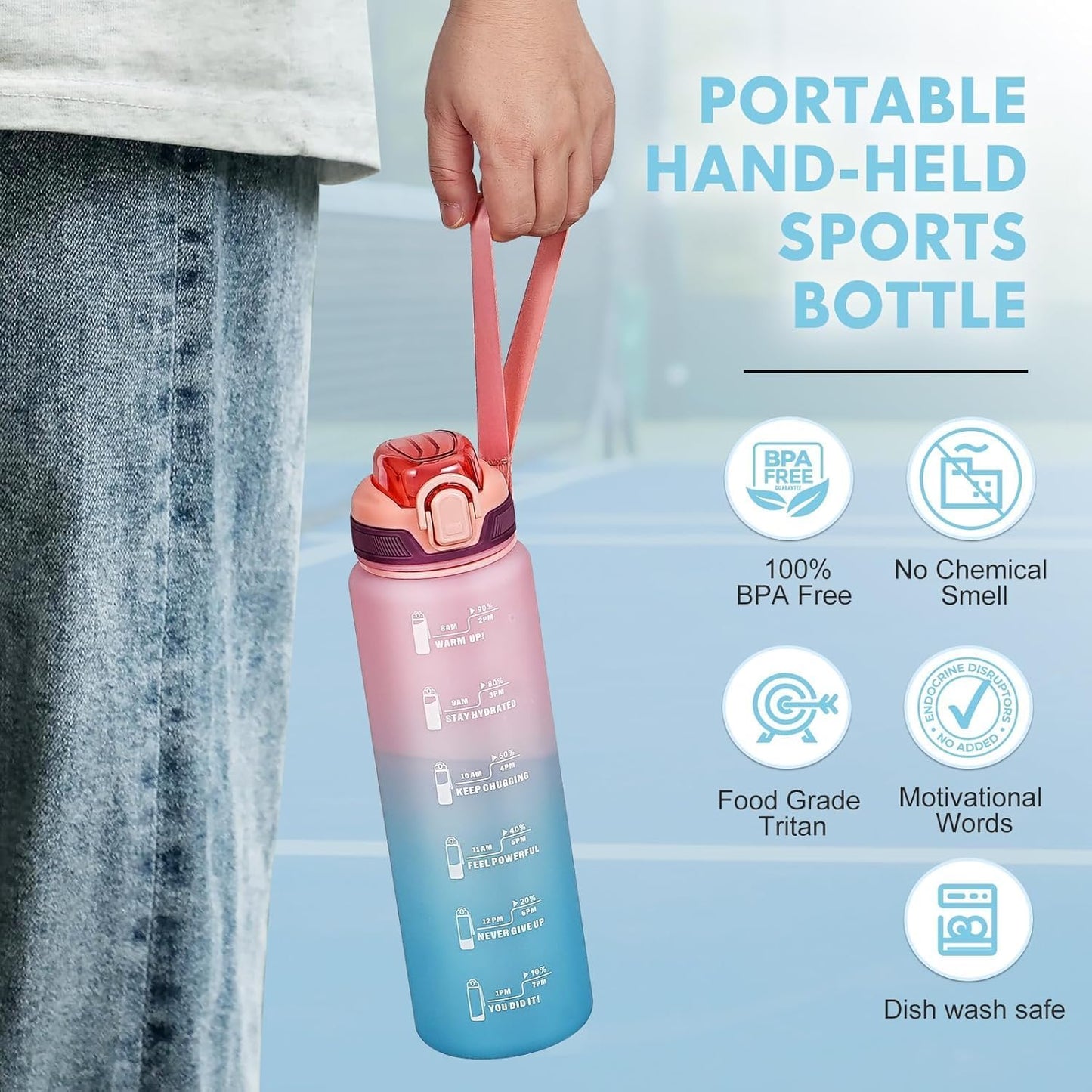 Water Bottle with Straw 1L,Boys Water Bottles with Straw 1 Litre,Waterbottle Leak-Proof Sports Water Bottle,Plastic Drinks Bottles Toxin Free，Bpa-Free (Cyan Black)