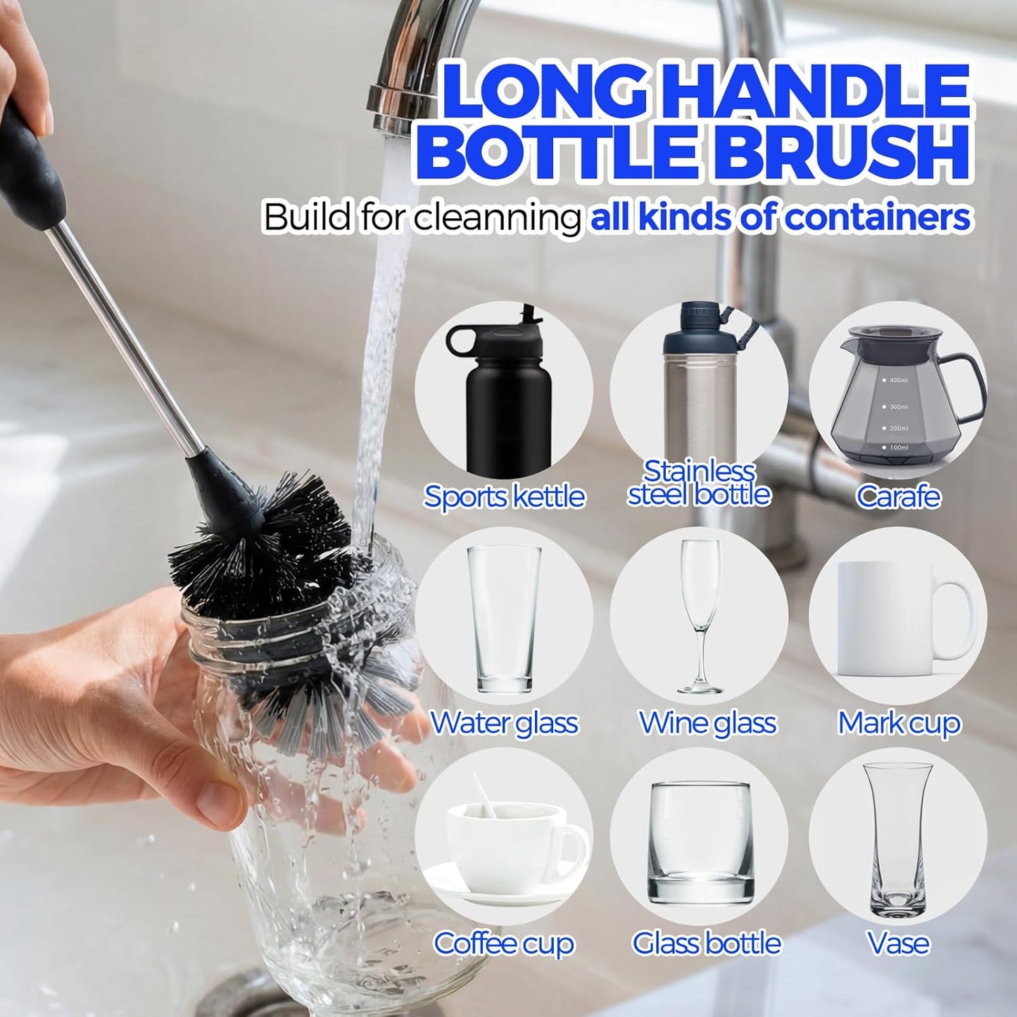Holikme 4 Pack Bottle Brush Set, 14.5" Long Handle Stainless Steel Bottle Cleaner Brush, Long-Handled 4-in-1 Stainless Steel Bottle Brushes for Water Bottle, Cups, Abrasive Wheel Brushes, Blue