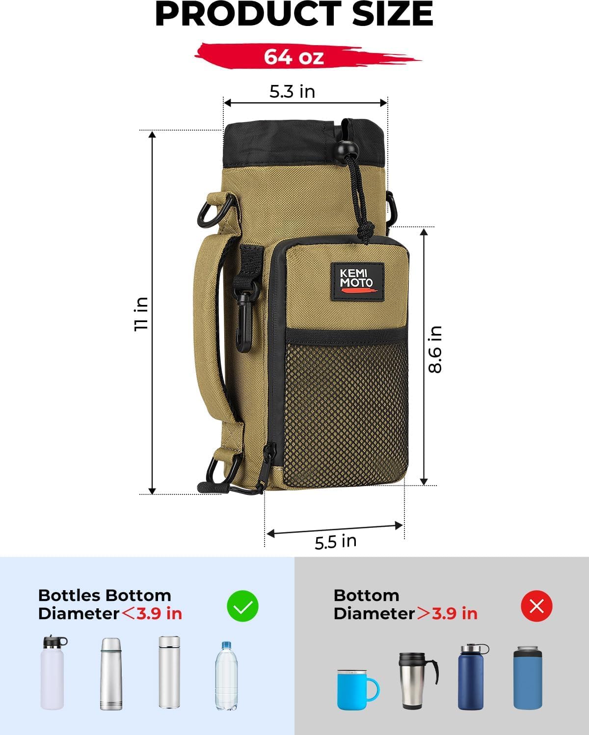 KEMIMOTO Water Bottle Holder Bag, Water Bottle Carrier with Adjustable Shoulder Strap, Water Bottle Pouch Holder for Hiking, Camping, Fishing, Compatible with YETI STANLEY SLM 32 oz, 40 oz, 64 oz