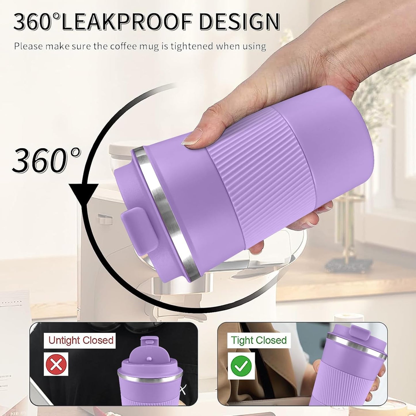 YINBAOGE Insulated Travel Coffee Mug, Spill & Leak Proof, Portable To Go Camping Stainless Steel Coffee Tumbler, Reusable Thermal Coffee Cup with Lid for Hot & Cold Drinks (Black, 12 OZ)