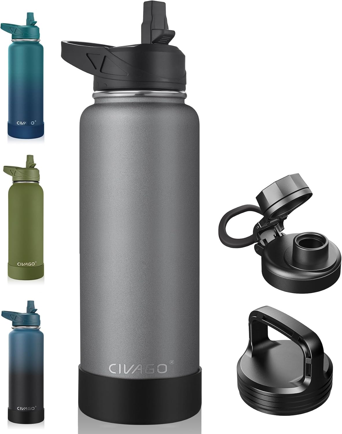 CIVAGO 32 oz Insulated Water Bottle With Straw, Stainless Steel Sports Water Cup Flask with 3 Lids (Straw, Spout and Handle Lid), Wide Mouth Travel Thermal Mug, Black