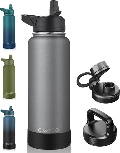 CIVAGO 32 oz Insulated Water Bottle With Straw, Stainless Steel Sports Water Cup Flask with 3 Lids (Straw, Spout and Handle Lid), Wide Mouth Travel Thermal Mug, Black