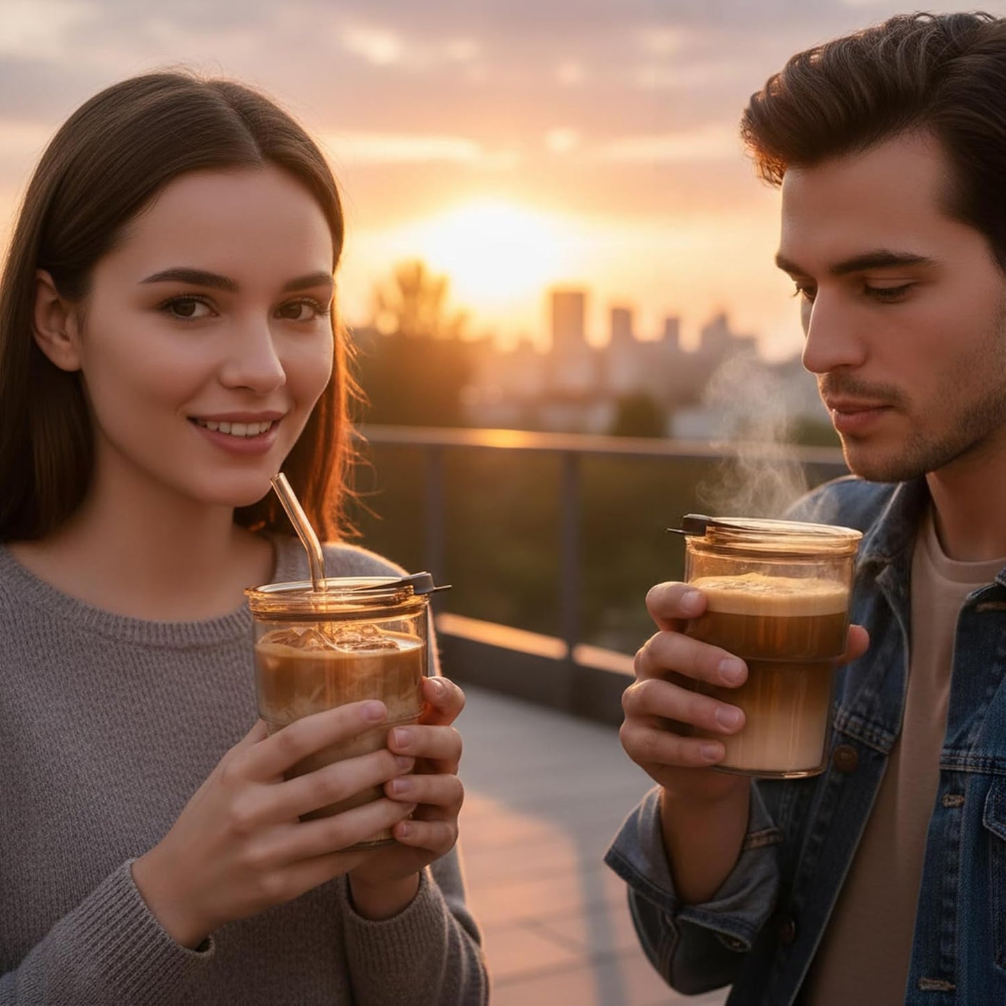 13 oz Iced Coffee Cup, Glass Tumbler with Straw and Lid for Tea, Matcha, Cold Brew, Sealed, Portable, Thick Wall, BPA-Free (Amber)