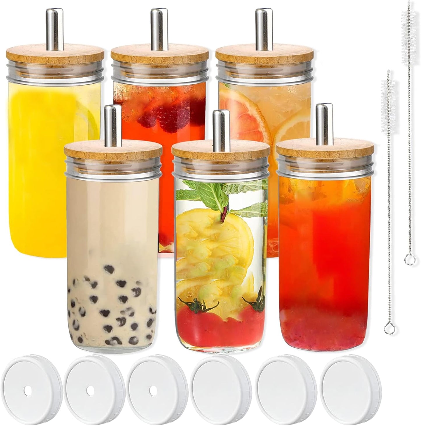 Yesland 6 Pack Glass Cups with Lids and Straws, 24 oz Mason Jar Smoothie Cup Aesthetic Cute Glass Tumbler Coffee Beer Can Cups Boba Cup for Bubble Tea, Juice, Gift