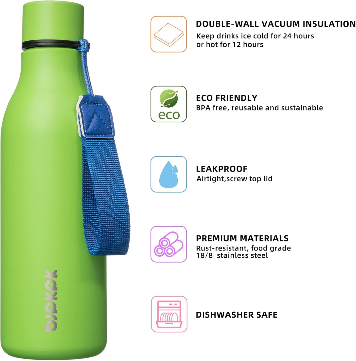BJPKPK Insulated Water Bottles, 18 oz Stainless Steel Metal Water Bottle with Strap, BPA Free Leak Proof Jugs, Mugs, Flasks, Reusable Thermal Flasks for Sports & Travel, Black - Colors B