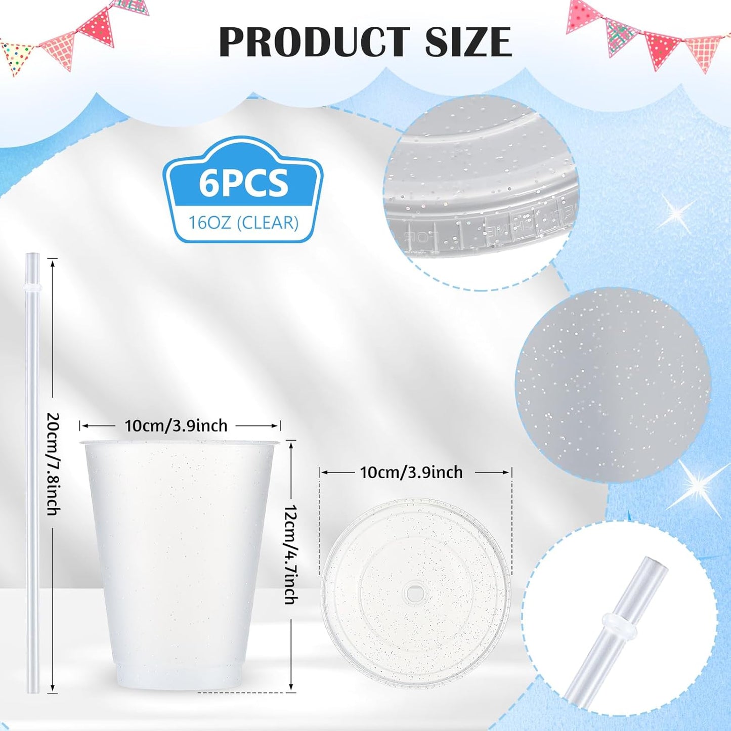 Uiifan 6 Pcs 24 oz Reusable Tumbler with Lids and Straws Plastic Iced Coffee Tumbler Glitter Travel Mug Cup for Smoothie Juices Birthday Party Cold Drink Coffee Cup Bulk for Adult Kid Women (Clear)