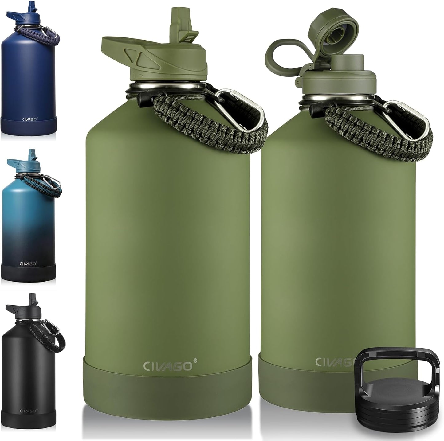 CIVAGO 32 oz Insulated Water Bottle With Straw, Stainless Steel Sports Water Cup Flask with 3 Lids (Straw, Spout and Handle Lid), Wide Mouth Travel Thermal Mug, Black