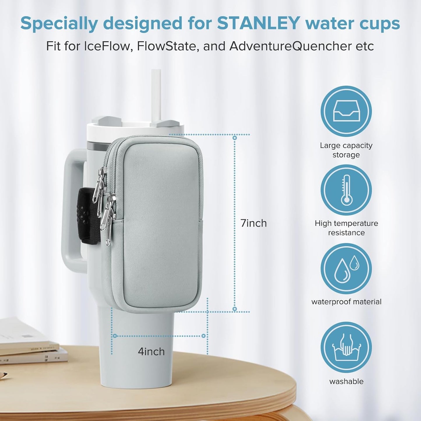 Water Bottle Pouch For Stanley Cup 40oz 30oz, Running Water Bottle Bag for Cards, Keys, Phone, Gym Accessories For Men Women, Travel Tumbler Mug Pouch Compatible With Stanley, Simple Modern