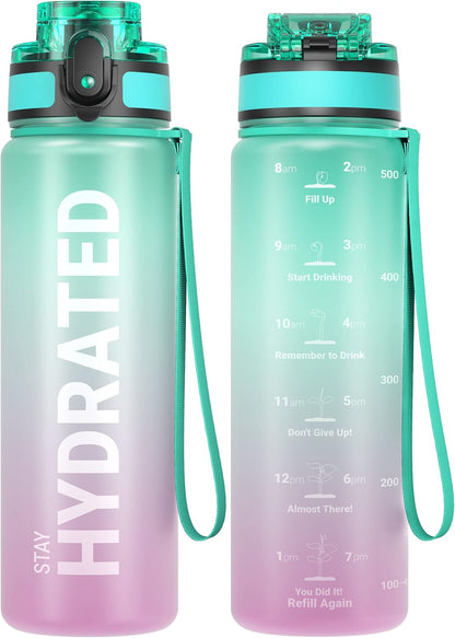 Sahara Sailor Water Bottle 32oz, Durable and Leakproof Water Bottles Motivational with Time Marker, Tritan, BPA Free, Wide Mouth with Easy Clean Brush for Gym, Travel, Home, School, Office (1 Bottle)