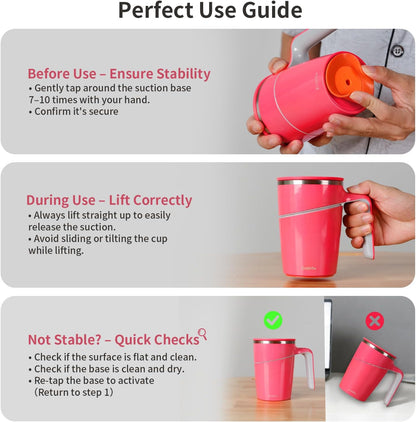 Anti-Impact No-Tip Desk Mug, 470ml / 15.9oz Stainless Steel Vacuum Insulated Mug with Handle, Smart Suction Base, Non-Slip & Knock Proof, Helps Prevent Desk Spills for Coffee, Tea, Kids & Pets (Black)