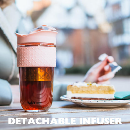 Travel Mug Loose Tea Infuser - Detachable Tea Strainer with Spillproof Lid - BPA-Free Reusable Glass Travel Coffee Cup with Silicone Band (Ice Cream, 12oz)