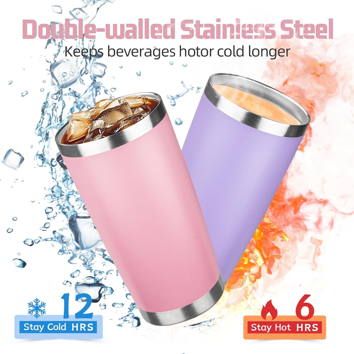20 oz Tumbler with Lids and Straws, Stainless Steel Insulated Travel Coffee Mug, Double Wall Vacuum Insulated Tumblers, Powder Coated Coffee Tumbler for Cold & Hot Drinks (Light Purple)