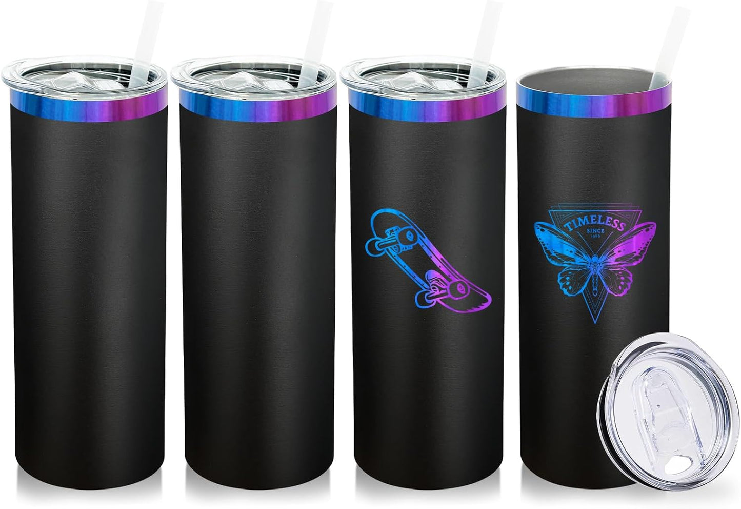 20 oz Skinny Tumblers Bulk, Stainless Steel Insulated Tumbler with Lids and Straws, Slim Double Wall Powder Coated Travel Coffee Mugs Reusable Cup for Hot Cold Drinks (Black,1 pack)