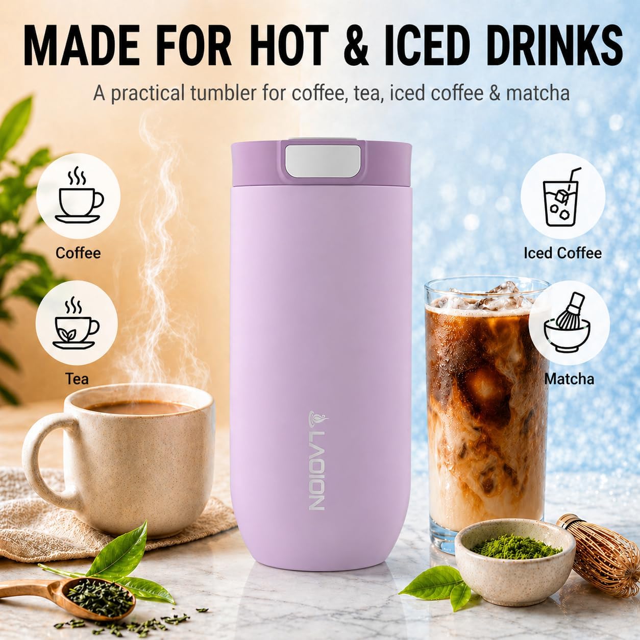 LAOION 17 oz Insulated Coffee Tumbler, Stainless Steel Travel Coffee Mug with Slider Lid, Reusable Iced Coffee Cup for Office, Car, Commute, Gray