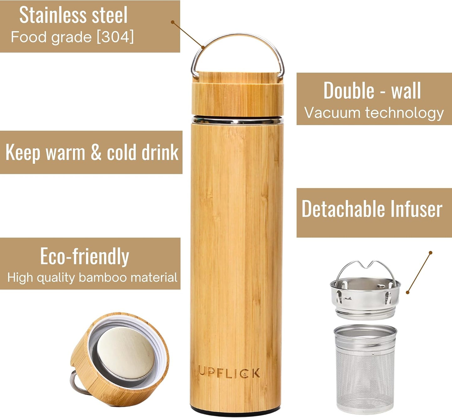 Bamboo Water Bottle Insulated Tea Tumbler for Men Birthday Gift, Women Travel Tea Set with Diffuser for Loose Tea Leaves, Stainless Steel Leak Proof Gift for Mom (15 oz)