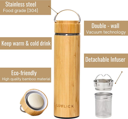 Bamboo Water Bottle Insulated Tea Tumbler for Men Birthday Gift, Women Travel Tea Set with Diffuser for Loose Tea Leaves, Stainless Steel Leak Proof Gift for Mom (15 oz)