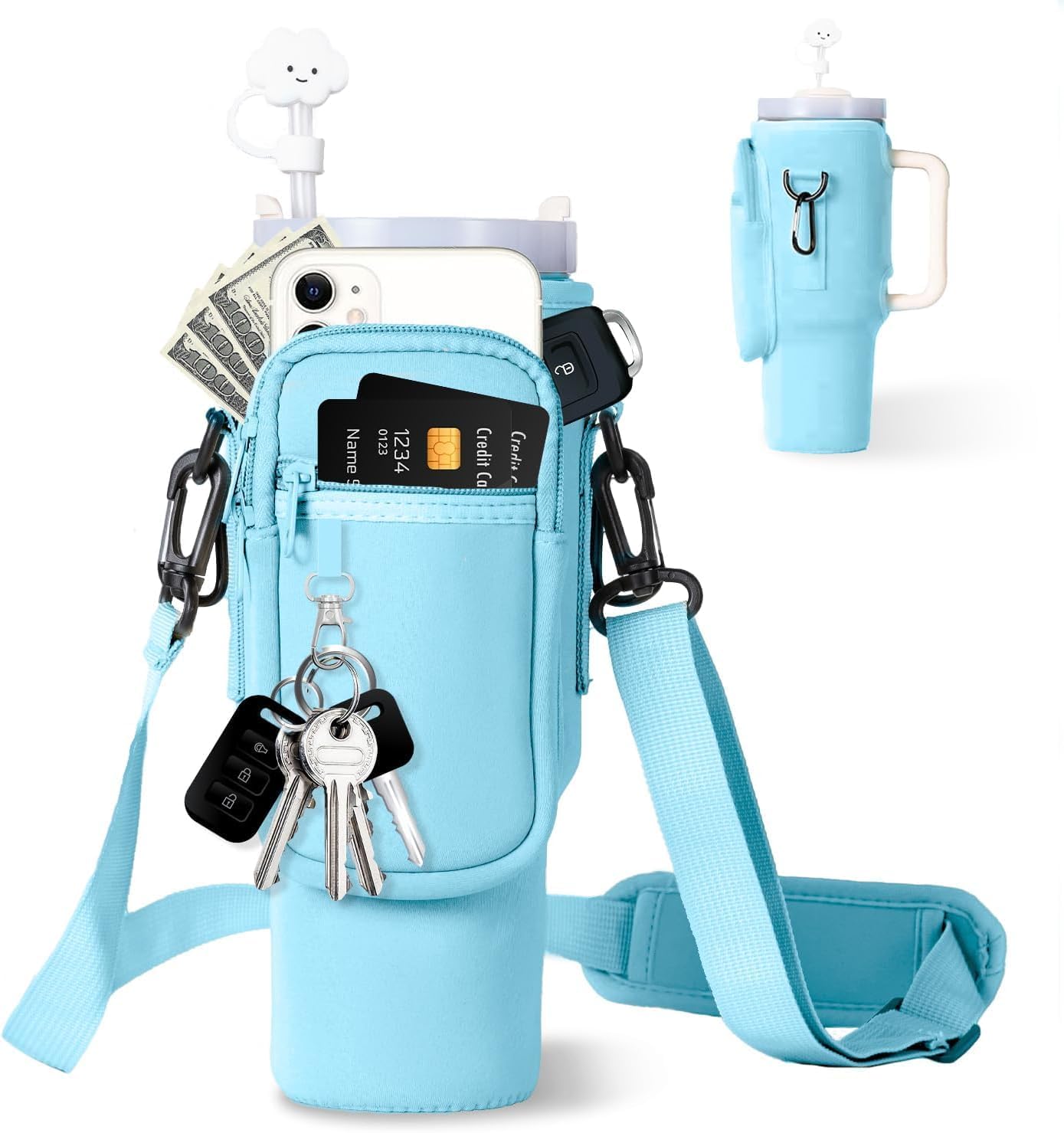 dabria Water Bottle Carrier Bag with Phone Pocket for Stanley 40/30 oz Tumbler Neoprene Water Bottle Holder Pouch with Adjustable Strap Bollus with Straw Cover for Stanley Cup Accessories