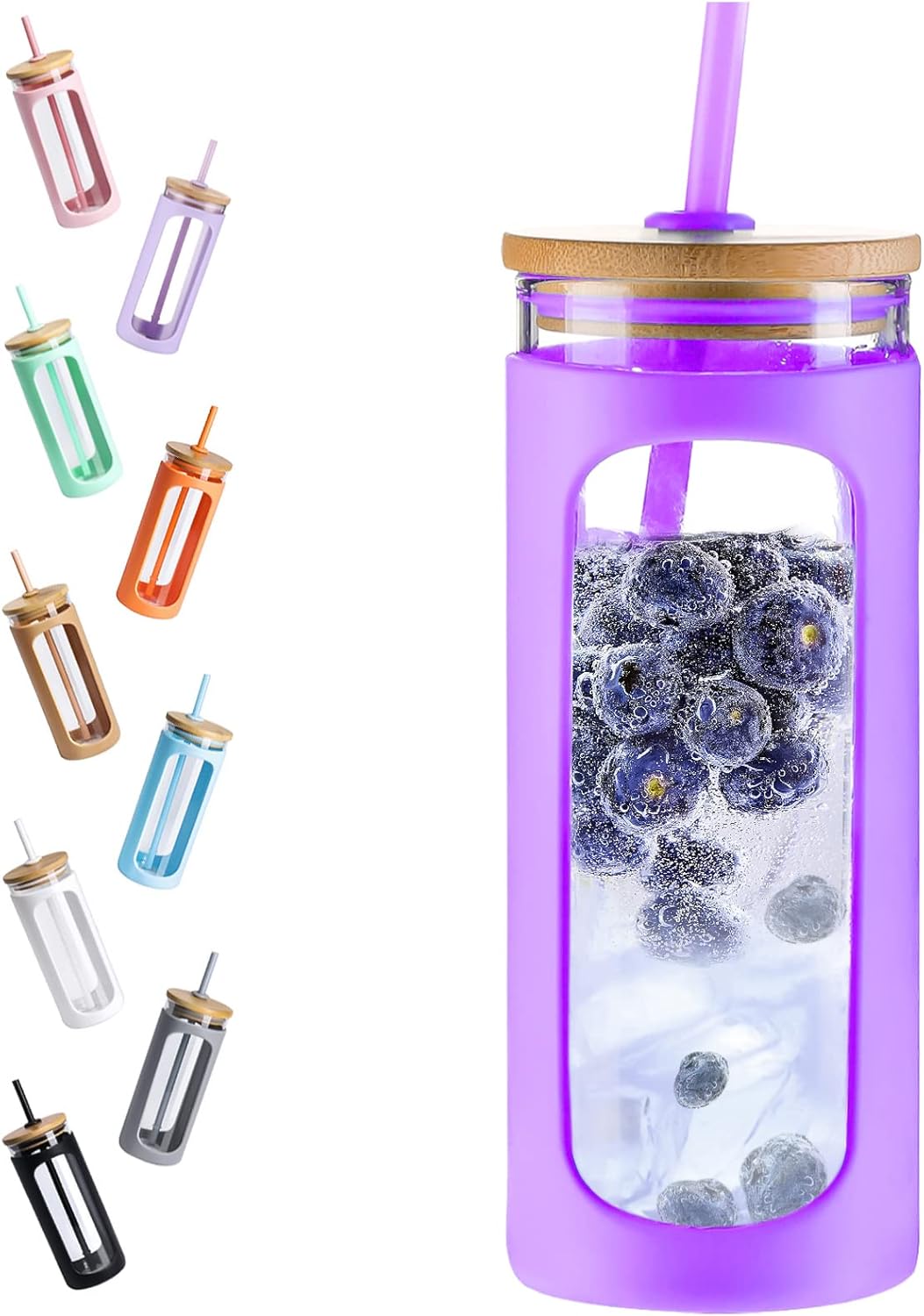 Kodrine 20oz Glass Water Tumbler with Straw and Lid, Bamboo Lids Water Bottle, Iced Coffee Cup Reusable, Wide Mouth Smoothie Cups with Protective Silicone Sleeve BPA FREE-Black - Colors A