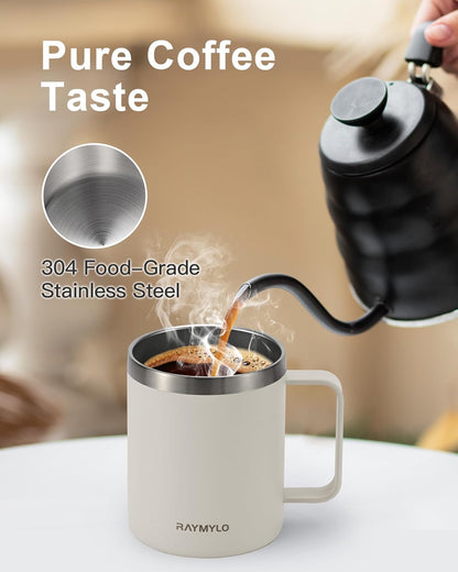 RAYMYLO Insulated Coffee Mug 12 oz, Double Wall Stainless Steel Coffee Mug with Lids, Leak-Proof & Detachable Slider Lid for Thorough Clean, Keeps Coffee Cold for 9 Hrs, Suitable for Camp Home Office
