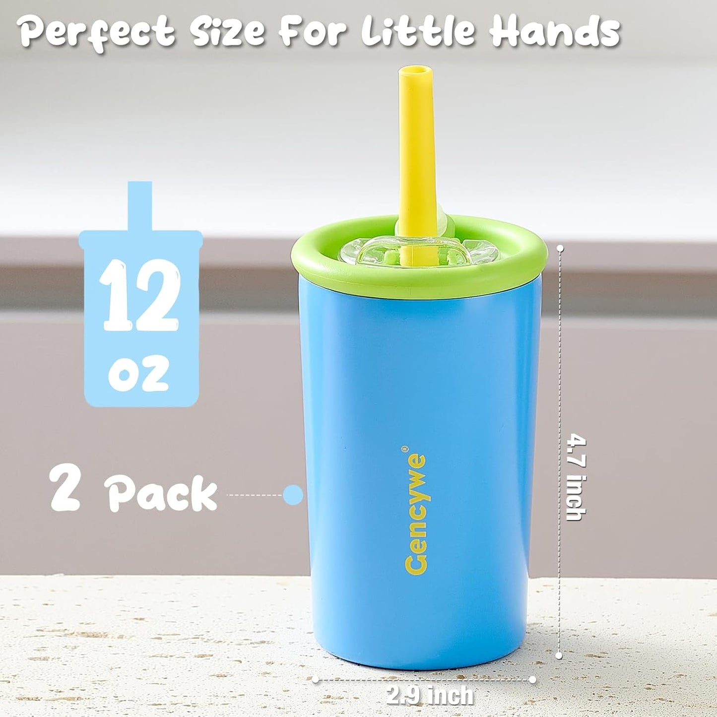 Gencywe 2 PACK Kids Double Walled Stainless Steel Cups with Straws and lids | 12 oz Spill-Proof Sippy Smoothie Tumbler Set, Small Kids Snack & Drink Water Cups, BPA-Free (Age: 3+ years old & up)