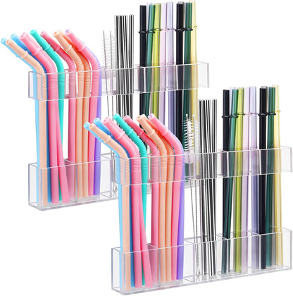 9.5” Large Acrylic Straw Holder for Cabinet Door - Ultra Sticky Adhesive Squares, Reusable Adjustable Organizer for Straws, Fits Kitchen Counter, Cupboard, Storage Dispenser（Transparent） (1 PACK)