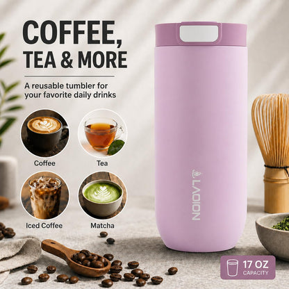 LAOION 17 oz Insulated Coffee Tumbler, Stainless Steel Travel Coffee Mug with Slider Lid, Reusable Iced Coffee Cup for Office, Car, Commute, Gray