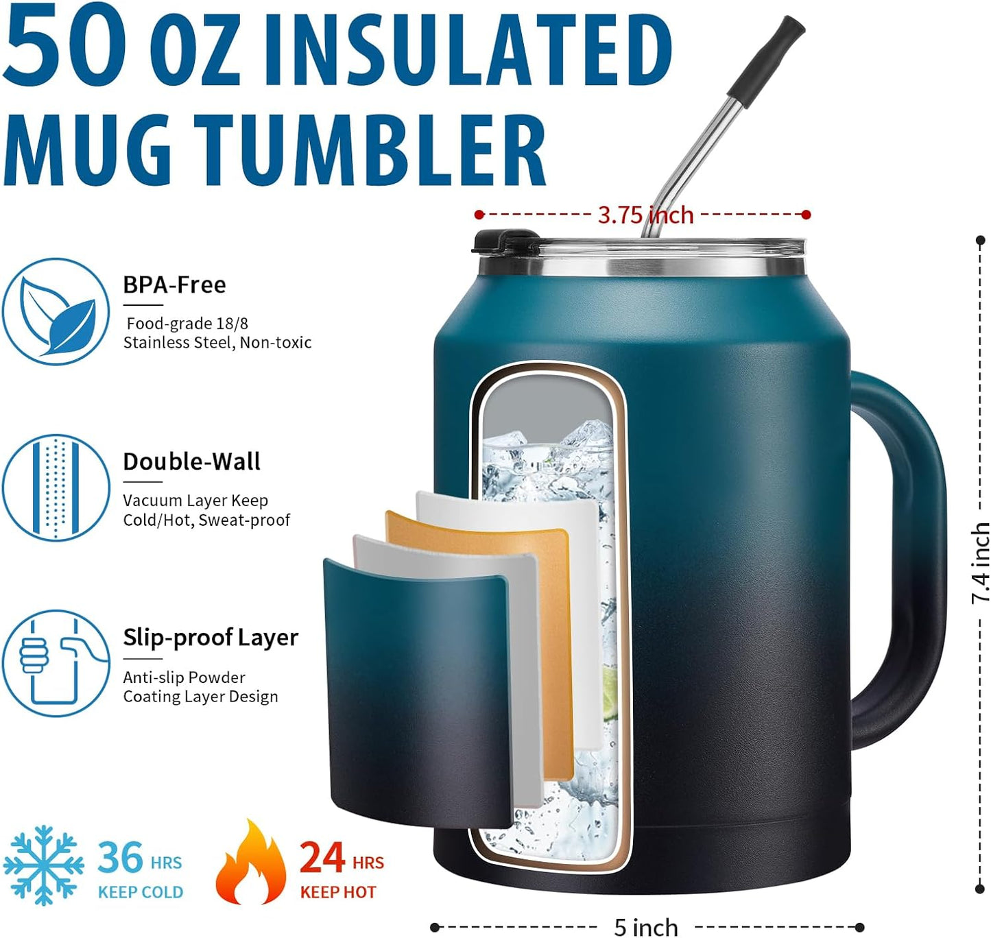 50 oz Insulated Tumbler with Handle and Straw - Stainless Steel Double Wall Coffee Mug, 2-in-1 Lid Metal Water Bottle, 36H Cold 24H Hot Travel Hydro Cup Jug with Silicone Boot