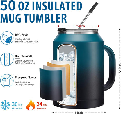 50 oz Insulated Tumbler with Handle and Straw - Stainless Steel Double Wall Coffee Mug, 2-in-1 Lid Metal Water Bottle, 36H Cold 24H Hot Travel Hydro Cup Jug with Silicone Boot