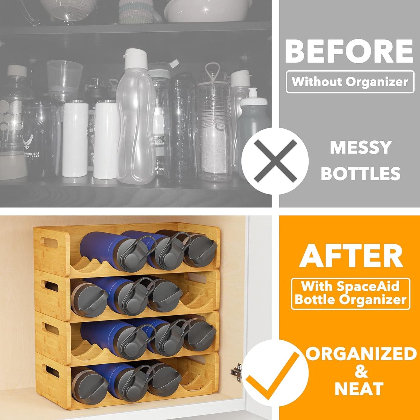 SpaceAid Bamboo Water Bottle Organizer with Labels, Kitchen Pantry Water Bottle Storage Rack for Cabinets, Home Cup and Wine Bottle Holder Shelf Organizers, 2 Pack 4-Slot, Hold 8 Bottles