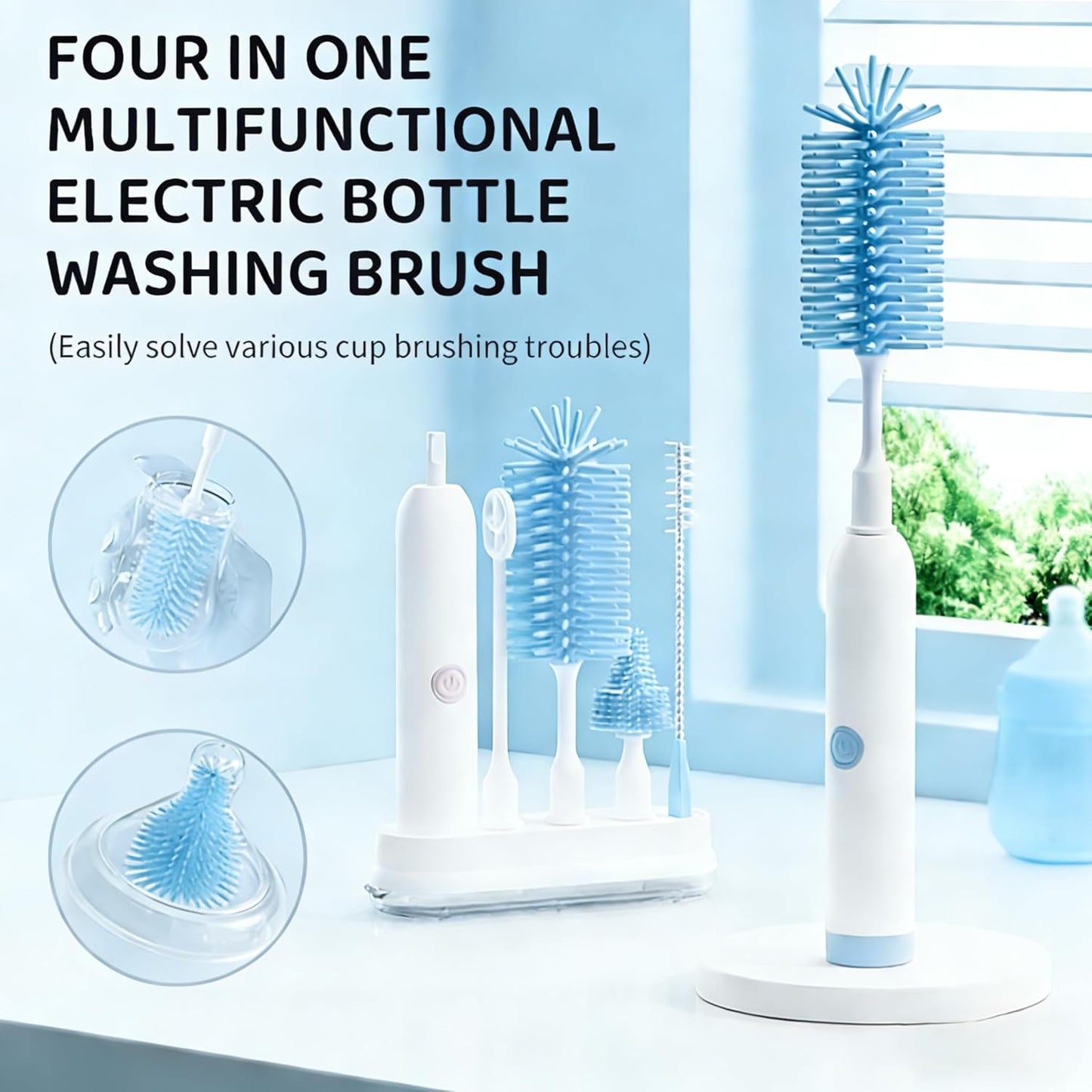 Rechargeable Electric Bottle Brush with Stand - 360° Spin Silicone Cleaner for Baby Bottles, Breast Pumps & Small Household Containers (Sea Blue)