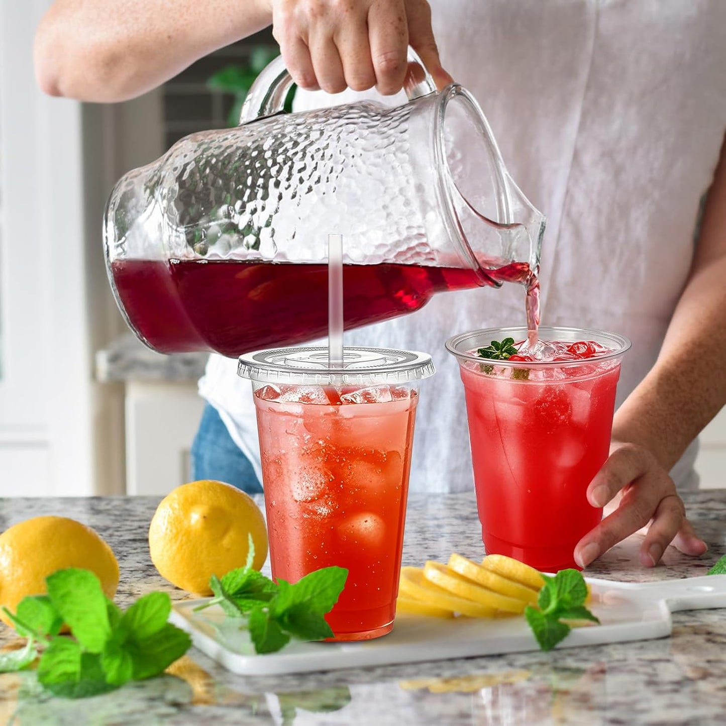 Ginkgo 32 oz Clear Plastic Cups with Lids and Jumbo Straws, Disposable To Go Iced Coffee Cups for Smoothie, Boba Milk Tea - 50 Pack