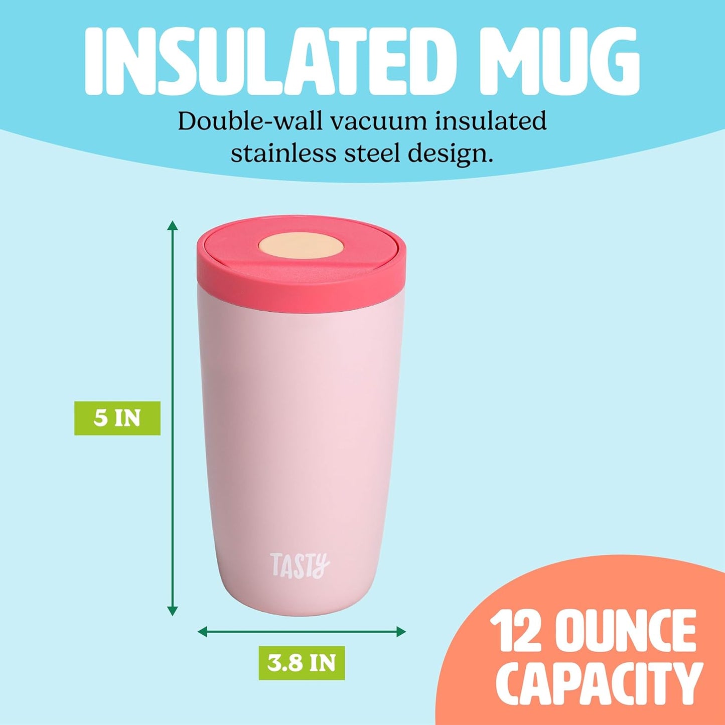 Tasty 12oz Insulated Stainless Steel Push Mug, Leak-Proof Lid with One-Hand Open/Close Button, Travel Coffee Cup, Double Wall Vacuum Flask, Aqua Blue