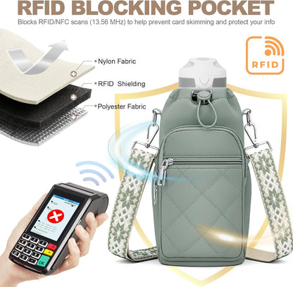 SYTRAH Water Bottle Carrier Bag with Strap, Water Bottle Purse with Phone Pocket 40oz for Walking Hiking