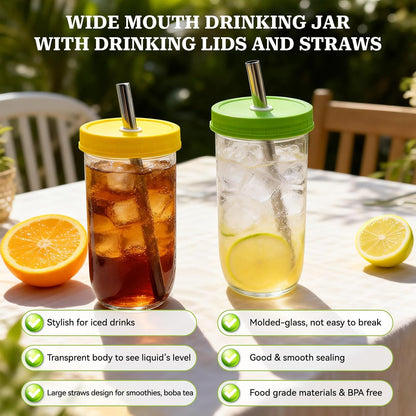 4 Pack Reusable Boba Cup 22OZ Wide Mouth Mason Jar Glass Cup - Iced Coffee & Smoothie Cups with Lids and Straws for Drinking Liquid, Milkshake, Boba & Matcha Tea