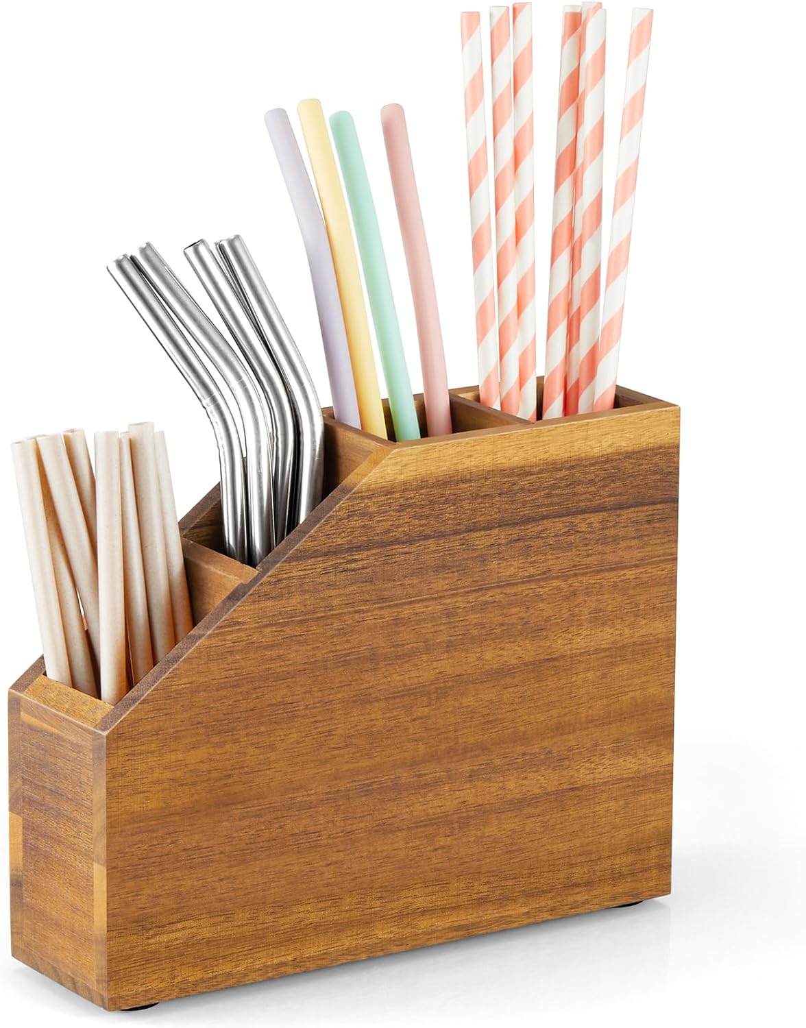 Straw Holder, Acacia Wood Straws Organizer, Cupboard Reusable Straws Dispenser for Kitchen Counter
