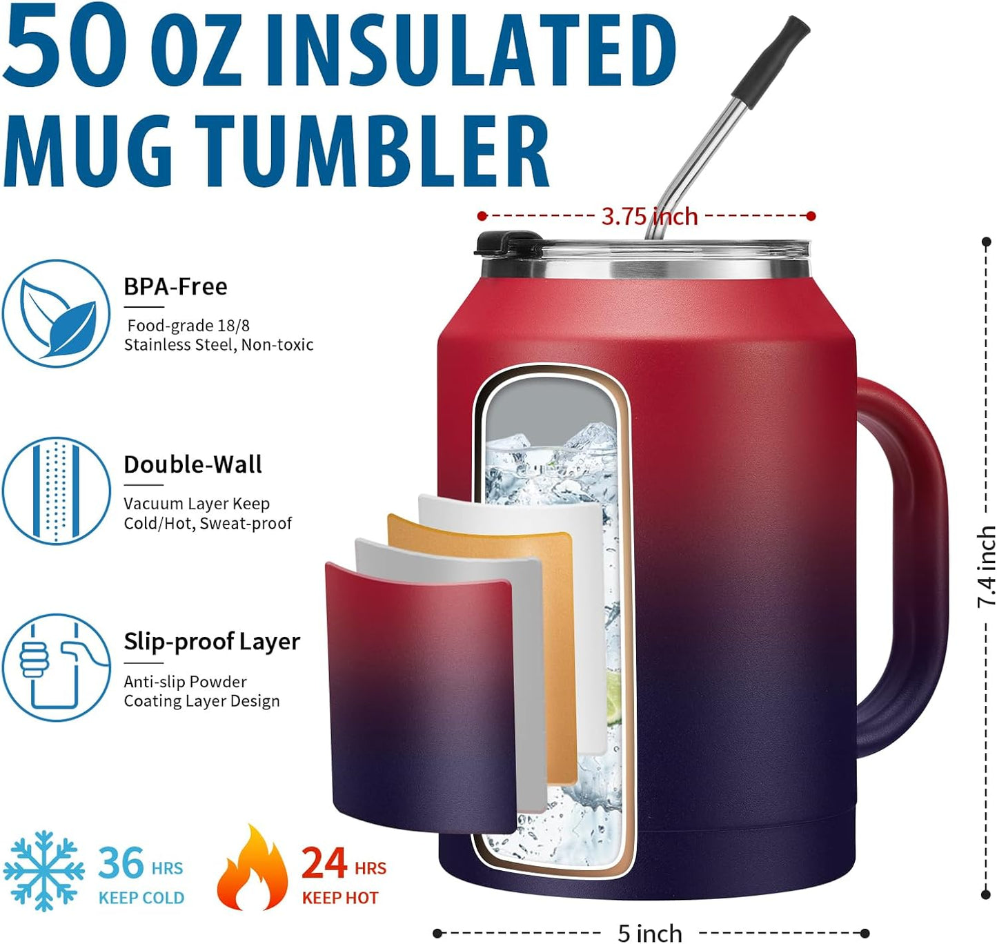 50 oz Insulated Tumbler with Handle and Straw - Stainless Steel Double Wall Coffee Mug, 2-in-1 Lid Metal Water Bottle, 36H Cold 24H Hot Travel Hydro Cup Jug with Silicone Boot
