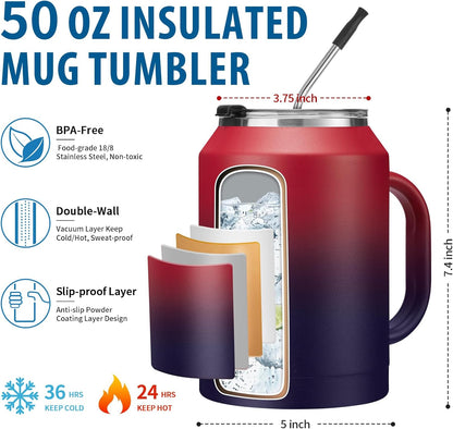 50 oz Insulated Tumbler with Handle and Straw - Stainless Steel Double Wall Coffee Mug, 2-in-1 Lid Metal Water Bottle, 36H Cold 24H Hot Travel Hydro Cup Jug with Silicone Boot
