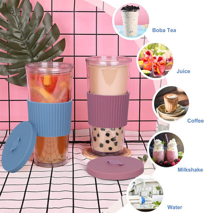 2 Pack Reusable Boba Tea Cups, 24oz Iced Coffee Cup with Straw and Lid, Leakproof Clear Plastic Cups Tumbler, Double Wall Insulated Smoothie Tumbler, Wide Straw for Bubble Tea, Black and White