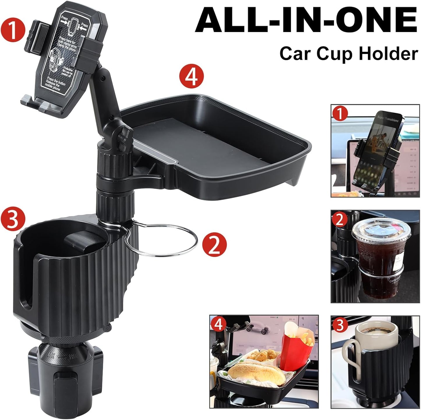 Car Large Cup Holder Expander, 5-in-1 Cupholder Extender with Phone Holder & Swivel and Detachable Snack Food Tray Table for Eating, Travel Essentials for Road Trips for Driver. Model C