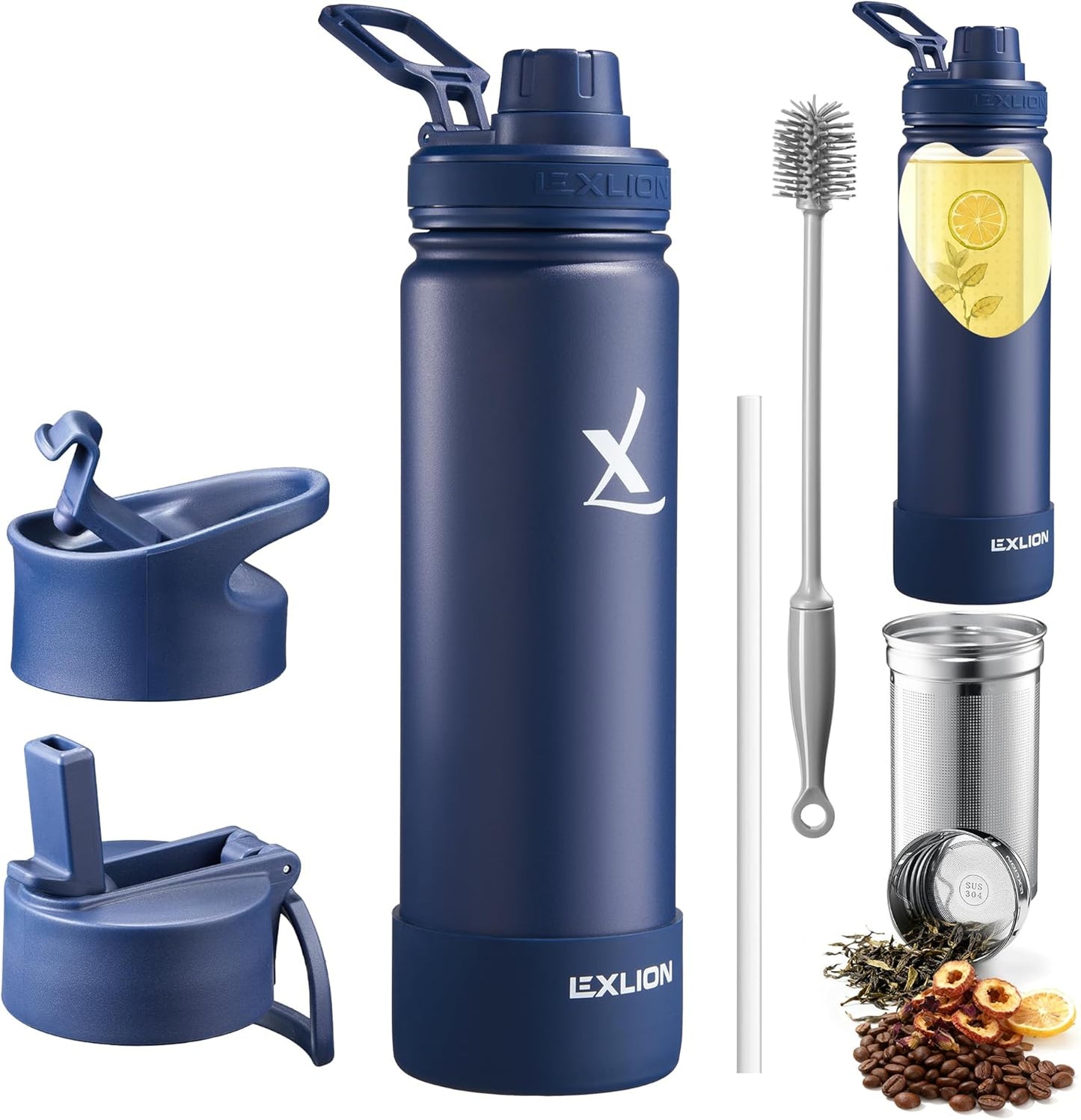 Lexlion Tea Infuser Water Bottle 32 Oz – Triple Wall Insulated Stainless Steel, Loose Leaf & Fruit Strainer, 3 Leakproof Lids, BPA-Free Silicone Sleeve, Reusable Thermal Mug