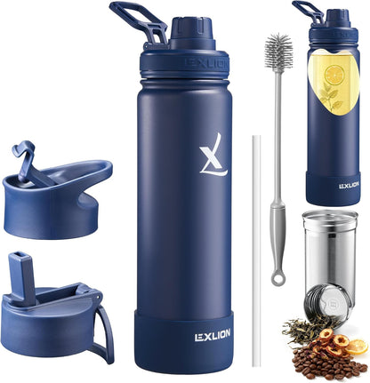 Lexlion Tea Infuser Water Bottle 32 Oz – Triple Wall Insulated Stainless Steel, Loose Leaf & Fruit Strainer, 3 Leakproof Lids, BPA-Free Silicone Sleeve, Reusable Thermal Mug