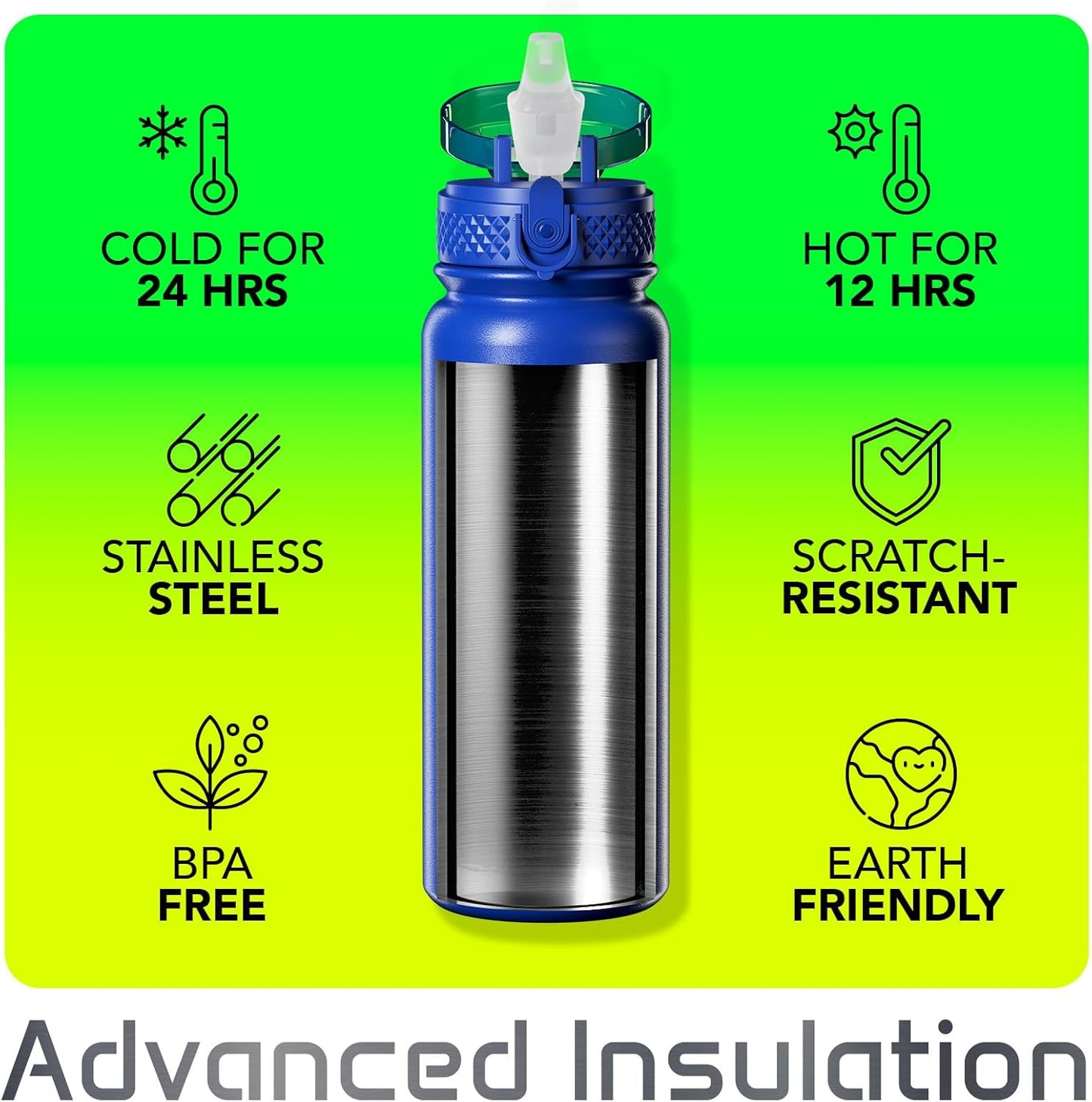 Mont-Clair Sport Water Bottle - 20oz Insulated Water Bottle with Straw - Patented Lid, BPA FREE, For Sports, Gym, Cycling, Bike - Quick Hydration - Black