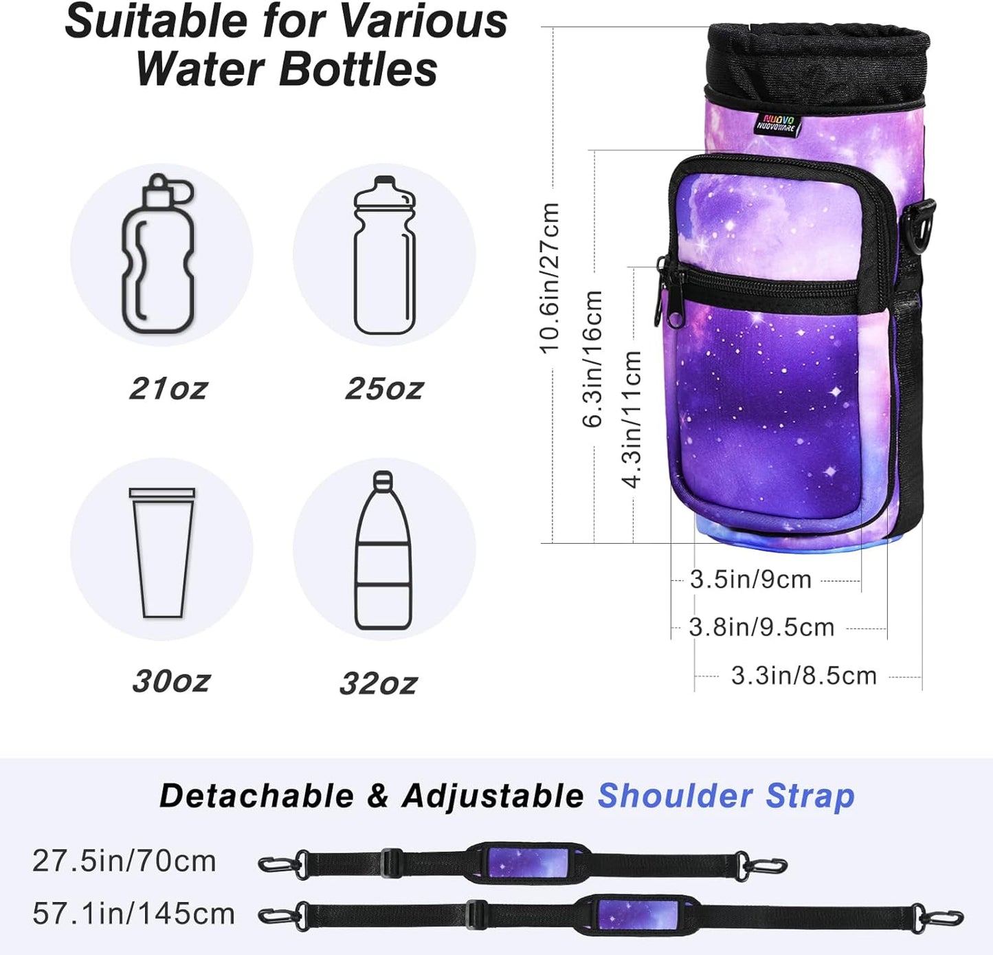 Nuovoware Water Bottle Carrier Bag,25oz/40oz/64oz Bottle Pouch Holder,Adjustable Shoulder Hand Strap 2 Pocket Sling Neoprene Sleeve Sports Accessories for Hiking Travelling Camping