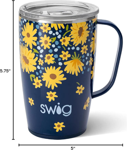 Swig Life 18oz Travel Mug, Insulated Tumbler with Handle and Lid, Cup Holder Friendly, Dishwasher Safe, Stainless Steel, Travel Coffee Cup (Honey Meadow)