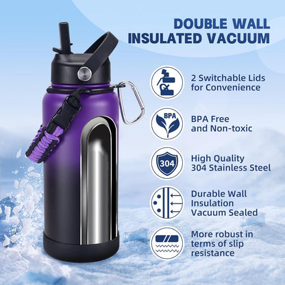 Insulated Water Bottle, 32 oz Stainless Steel Wide Mouth Water Bottles with 2 Leak Proof Lid and Paracord Handle, Double Wall Vacuum Insulated Sports Water Bottle, Purple Black