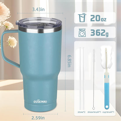 20 oz Insulated Coffee Mug with Ceramic Coating, Stainless Steel Travel Mug Tumbler with Handle Lid and Straw, Double Wall Leak-Proof Coffee Travel Mug Keeps Drink Hot and Cold (Black)